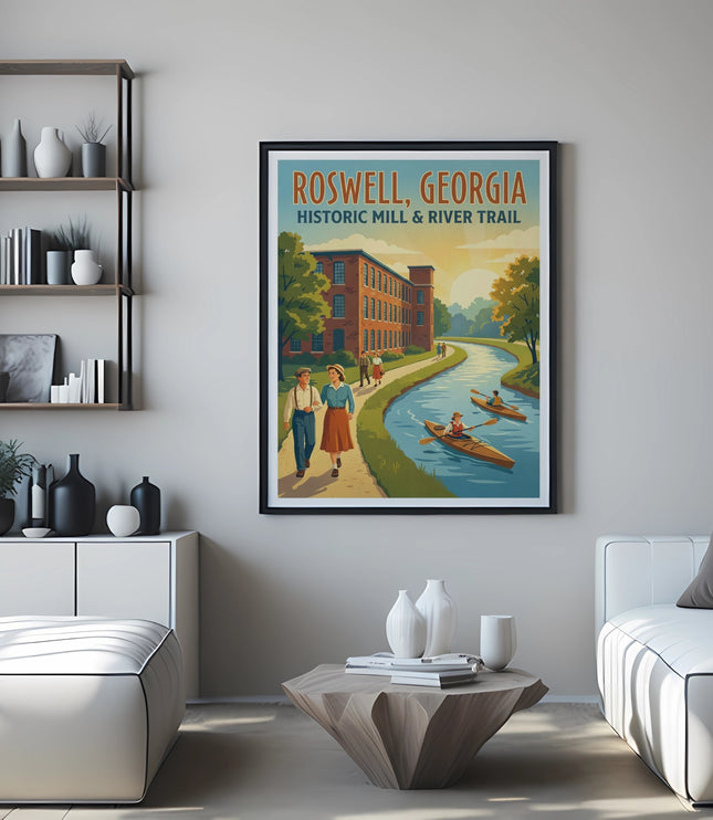 Roswell, Georgia Historic Mill & River Trail poster featuring kayaks and people walking.
