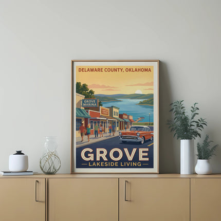 Vintage travel poster for Grove, Oklahoma, featuring a lake, buildings, and a classic car.