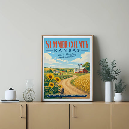 Sumner County, Kansas poster with sunflowers, barn, and rolling hills.