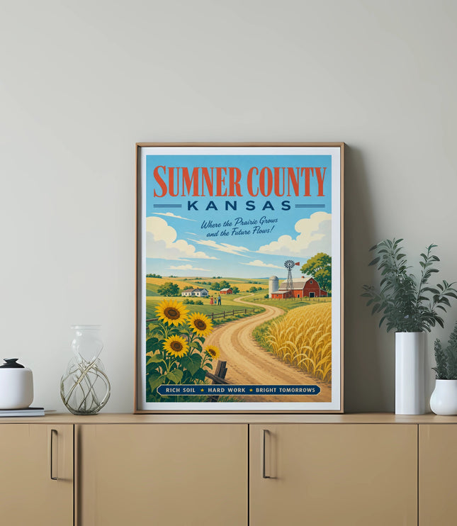 Sumner County, Kansas poster with sunflowers, barn, and rolling hills.