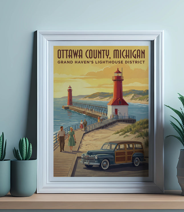 Ottawa County, Michigan, Grand Haven's Lighthouse District vintage art.