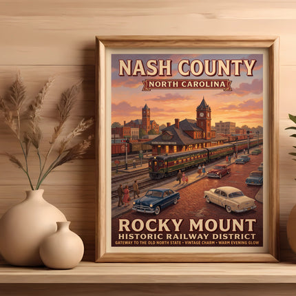 Nash County, North Carolina vintage train station poster with cars and people.