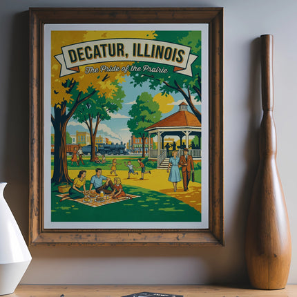 Vintage travel poster for Decatur, Illinois, featuring a park scene.