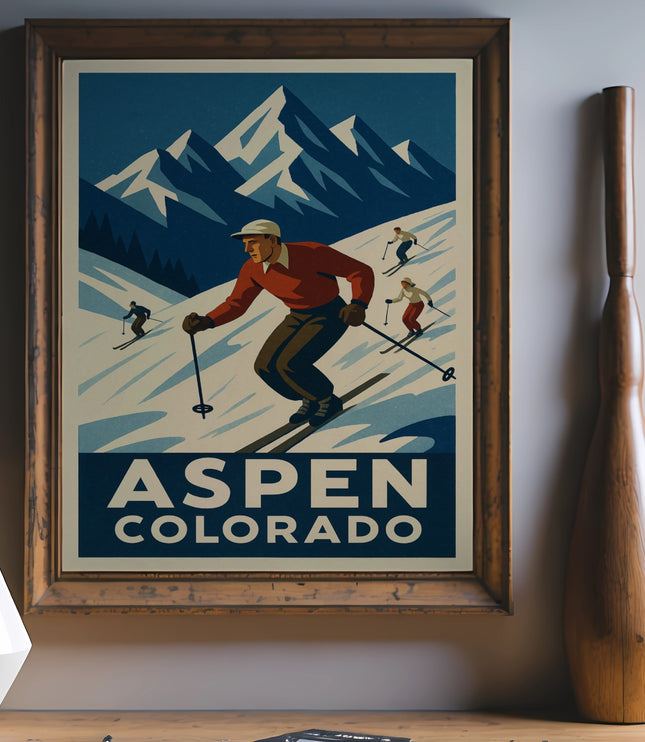 Vintage Aspen Colorado ski poster with skiers on snowy mountains.