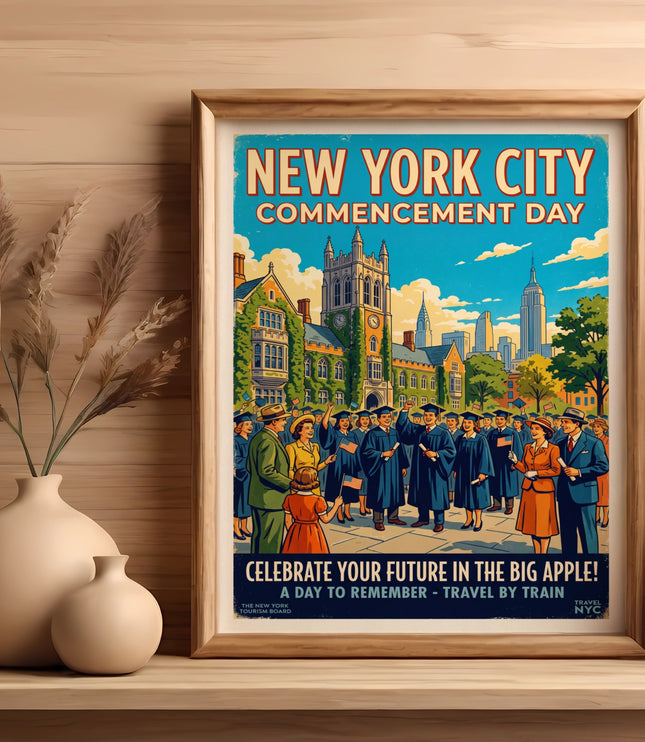New York City Commencement Day vintage poster with graduating students and cityscape.
