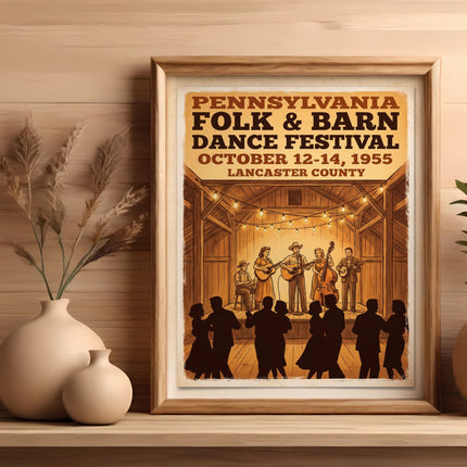 Folk and Barn Dance Festival poster with band and dancers.