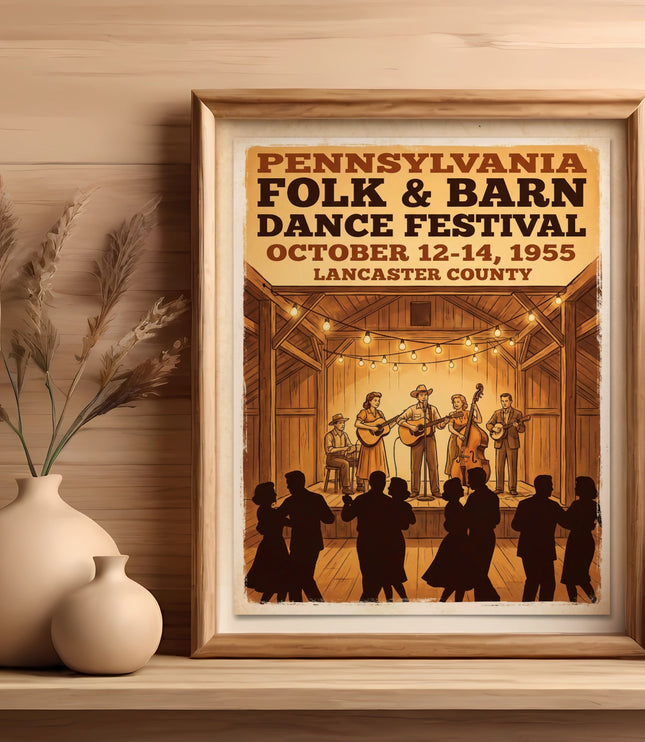 Folk and Barn Dance Festival poster with band and dancers.