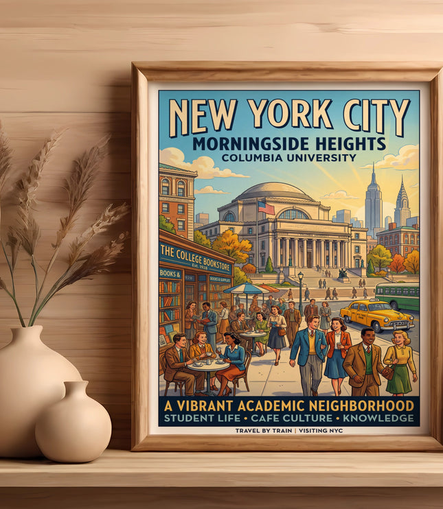 New York City Morningside Heights poster featuring Columbia University and college bookstore.