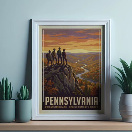Vintage Pennsylvania Poconos travel poster with people on a cliff overlooking valley.