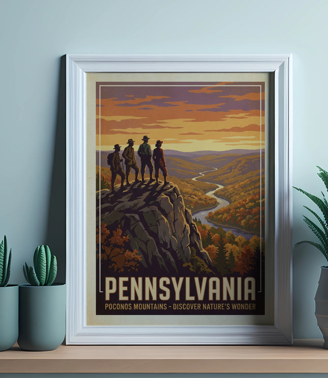 Vintage Pennsylvania Poconos travel poster with people on a cliff overlooking valley.