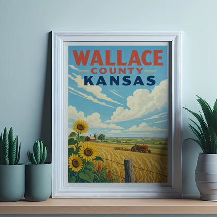 Vintage poster of Wallace County, Kansas with tractor and sunflowers.