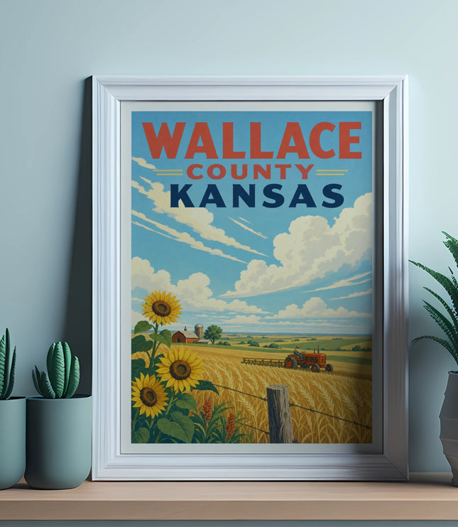 Vintage poster of Wallace County, Kansas with tractor and sunflowers.