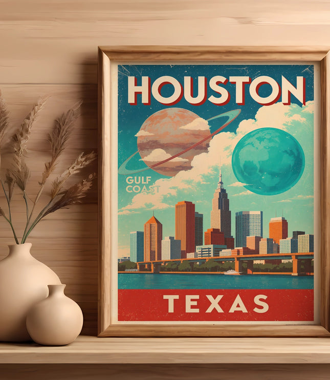 Vintage Houston, Texas Gulf Coast skyline poster with planets.