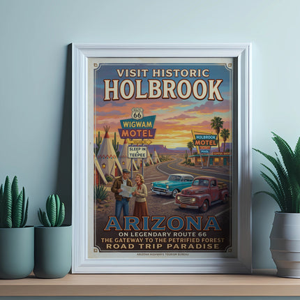 Vintage Route 66 Holbrook Wigwam Motel Arizona travel poster with couple and cars.