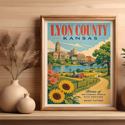 Lyon County Kansas travel poster with Emporia text and sunflowers.