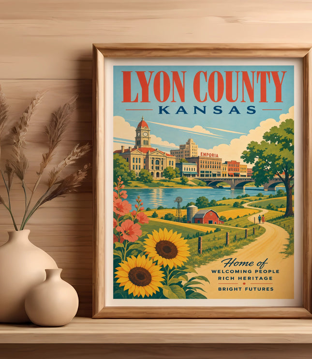 Lyon County Kansas travel poster with Emporia text and sunflowers.