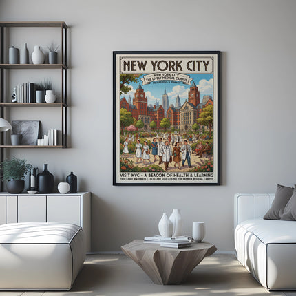 New York City medical campus poster with text about health and learning.
