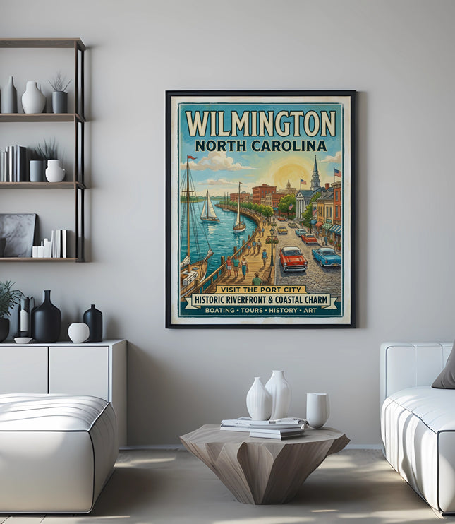 Wilmington North Carolina vintage travel poster with boats, buildings, and cars.
