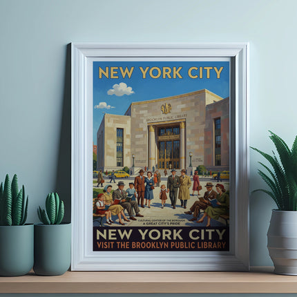 New York City poster for Brooklyn Public Library with people and city buildings.