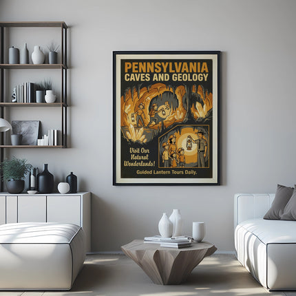Pennsylvania Caves and Geology vintage poster hangs on wall above sofas.