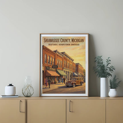 Artwork depicts historic downtown Owosso, Michigan with vintage car and people.