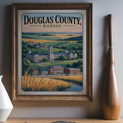Vintage illustration of Douglas County, Kansas with buildings and rolling hills.
