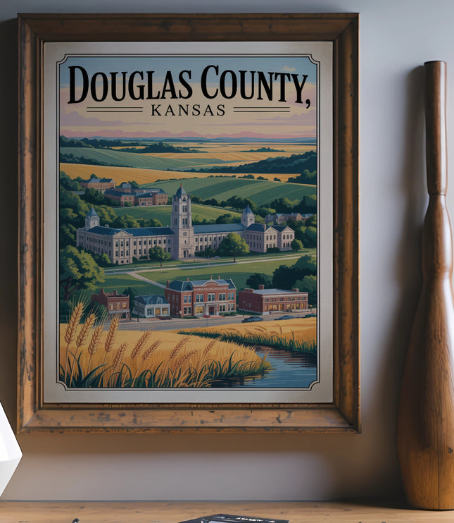 Vintage illustration of Douglas County, Kansas with buildings and rolling hills.