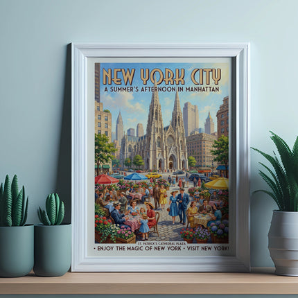 New York City poster featuring St. Patrick's Cathedral Plaza with people enjoying a summer afternoon.