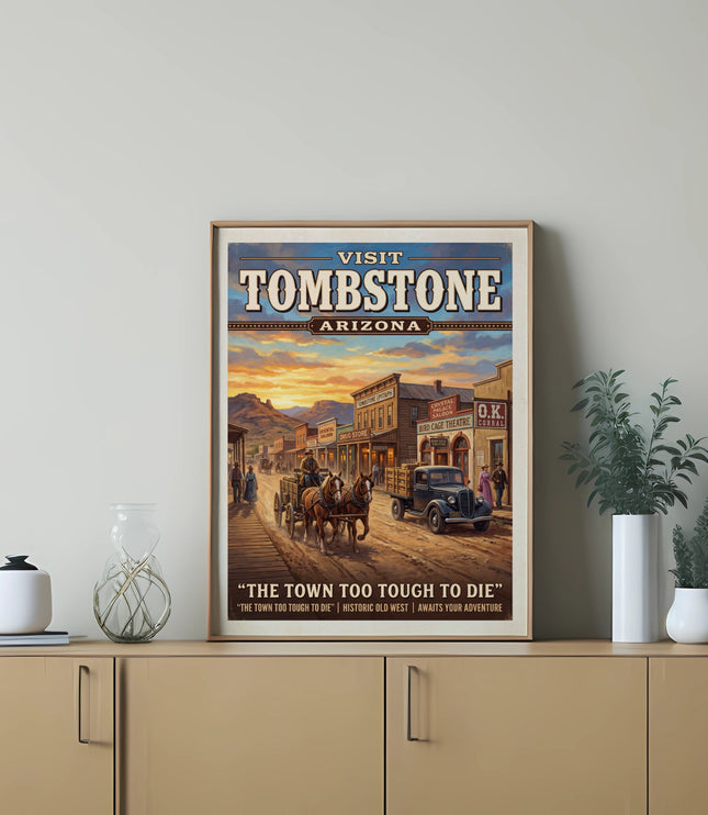 Poster of Tombstone, Arizona with old west scene, horse-drawn carriage and truck.