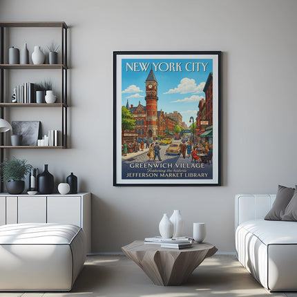 New York City Greenwich Village poster featuring Jefferson Market Library.