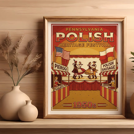 Poster for Pennsylvania Polish Heritage Festival featuring dancers, flags, and food stalls.