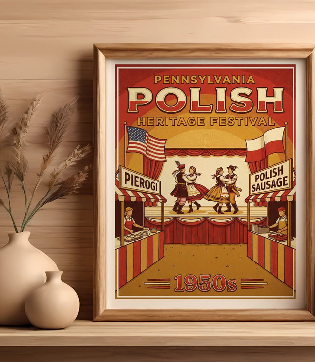 Poster for Pennsylvania Polish Heritage Festival featuring dancers, flags, and food stalls.