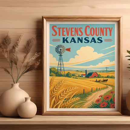 Stevens County, Kansas vintage travel poster with windmill and fields.