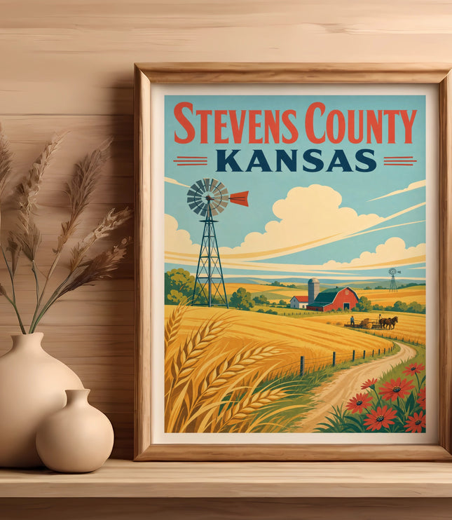 Stevens County, Kansas vintage travel poster with windmill and fields.