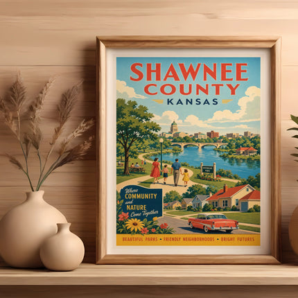 Shawnee County Kansas vintage travel poster with Riverside Park scene.