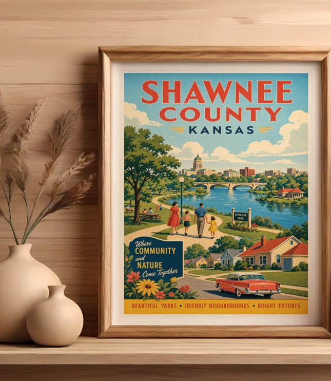 Shawnee County Kansas vintage travel poster with Riverside Park scene.