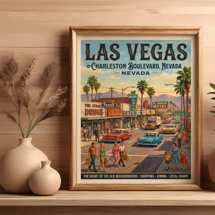Las Vegas Charleston Boulevard Nevada vintage travel poster with shops and cars