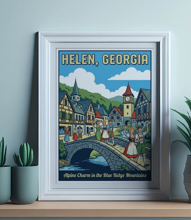 Art print featuring "Helen, Georgia" in a Bavarian village scene with people on a bridge.