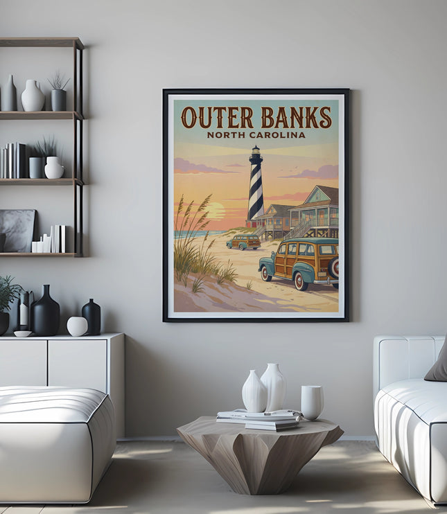 "Outer Banks North Carolina" poster featuring a lighthouse and beach scene with vintage cars.