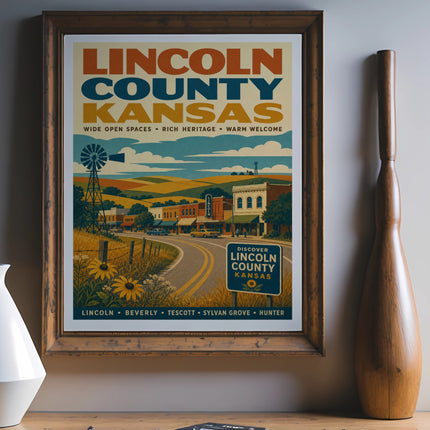 Lincoln County, Kansas vintage travel poster with rural landscape and town scene.