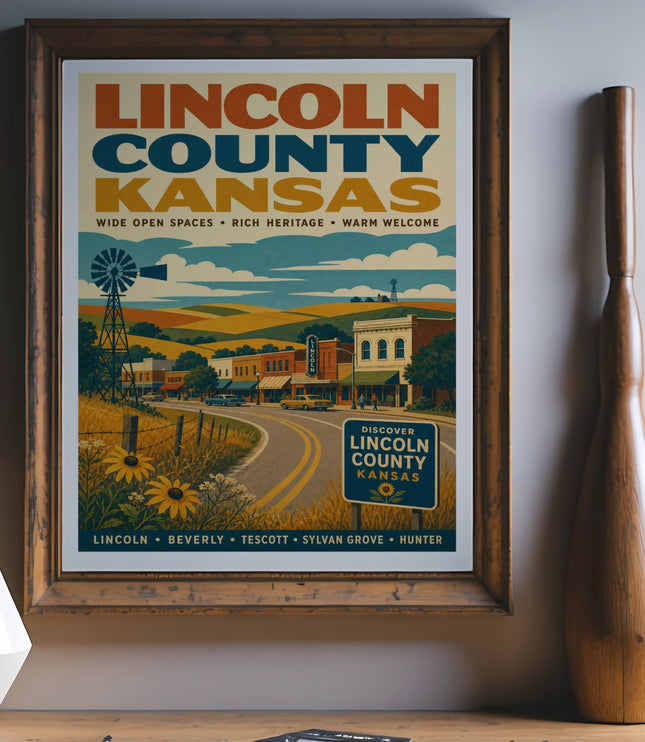 Lincoln County, Kansas vintage travel poster with rural landscape and town scene.