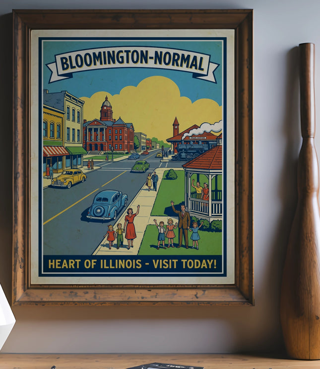 Bloomington-Normal Heart of Illinois vintage travel poster with town scene and text.