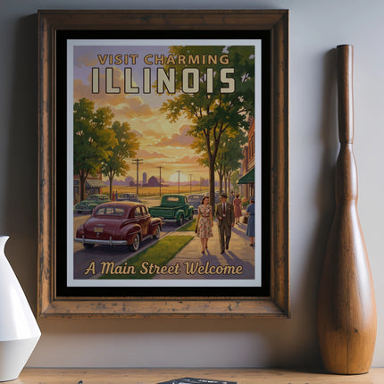 Vintage Illinois travel poster showing a charming main street with cars and people.
