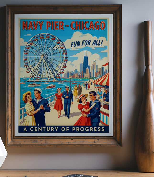 Navy Pier Chicago poster with Ferris wheel, skyline, and dancing couples, "A Century of Progress".