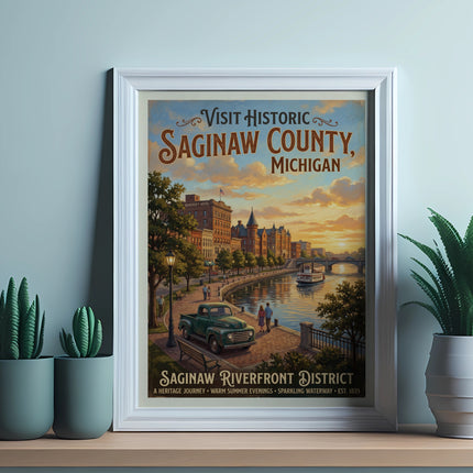 Vintage poster of Saginaw County, Michigan featuring a riverfront scene.