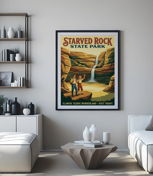 Vintage poster for Starved Rock State Park, Illinois, with couple.