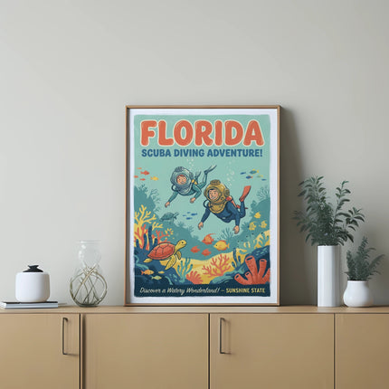 Vintage Florida scuba diving poster showing divers and sea life.