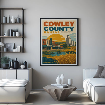 Poster for Cowley County, Kansas, featuring a town scene with a river and fields.