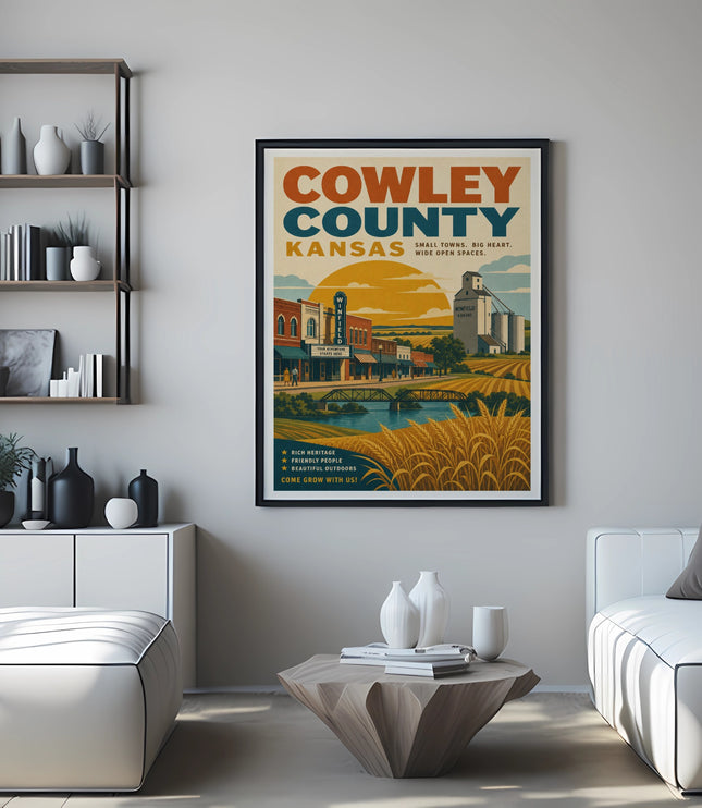 Poster for Cowley County, Kansas, featuring a town scene with a river and fields.