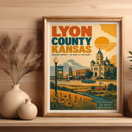 Framed vintage poster of Emporia, Lyon County, Kansas, featuring buildings, sun, and text.